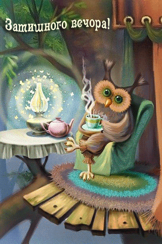 картинка анімація добрий літній вечір сова затишок чай