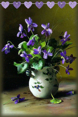 листівка анімація квіти фіалки ваза сердечки