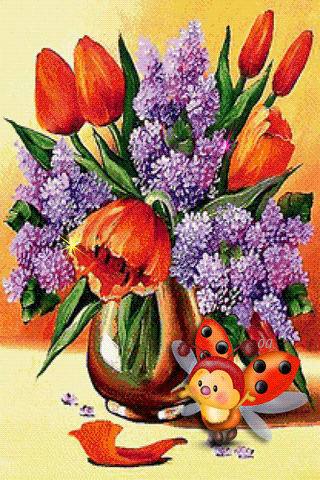 листівка анімація весняні квіти бузок тюльпани