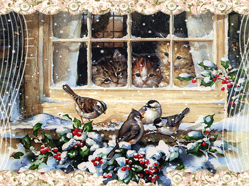 листівка анімація зима сніг птахи вікно