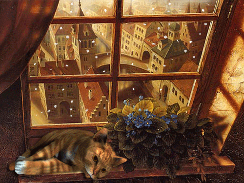 листівка анімація квіти сенполія узамбарська фіалка кіт сніг